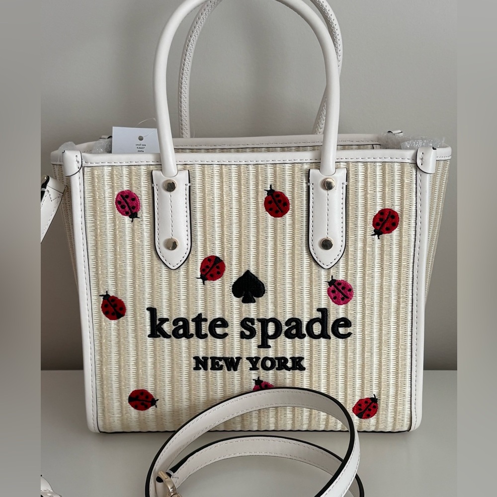 kate spade White Wicker Tote with Red  Ladybugs